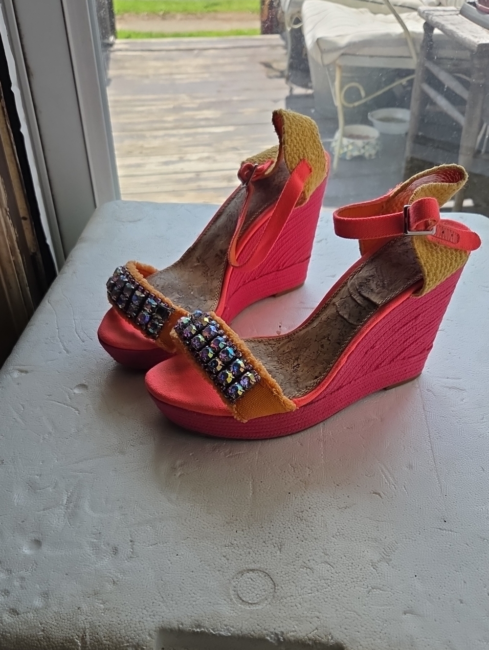 Platform Wedge Sandals in Coral and Mustard with Jewel Accent Gianni Bini